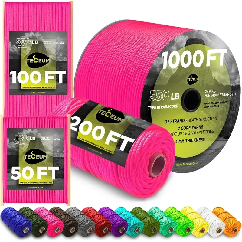 TECEUM Paracord Type III 550 Sofit Rosa (Sofit Pink) – 60 m – 4mm – Taktisches Seil – Outdoor-Paracord – Für Camping & Wandern – EDC-Fallschirmseil – Robustes Überlebensseil (200 ft) 315