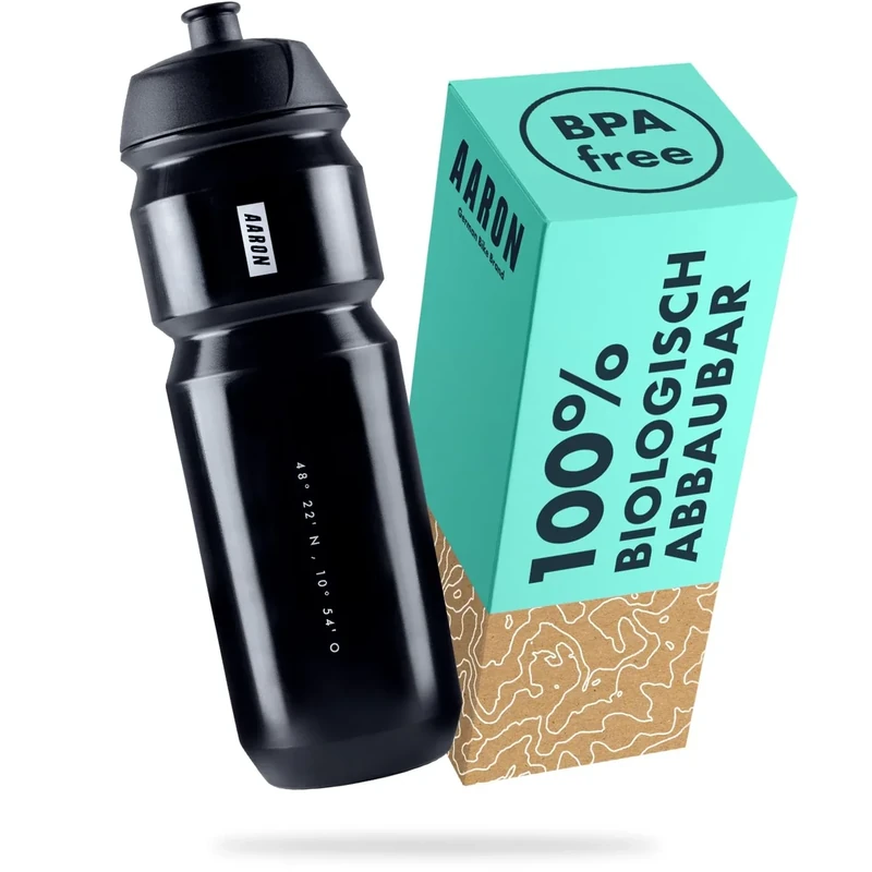 AARON ECO Trinkflasche 100% biologisch abbaubar, 750 ml, leicht und auslaufsicher, praktische BPA-freie Wasserflasche für Sport, Fitness, Wandern, Outdoor in schwarz