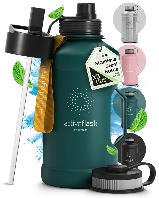 BeMaxx Trinkflasche Edelstahl ACTIVE FLASK + Strohhalm (3 Deckel) | Große 2,2 Liter Sportflasche BPA-frei Auslaufsicher Kohlensäure geeignet, 2l XL Wasserflasche Sport Outdoor Fitness Wasser Flasche