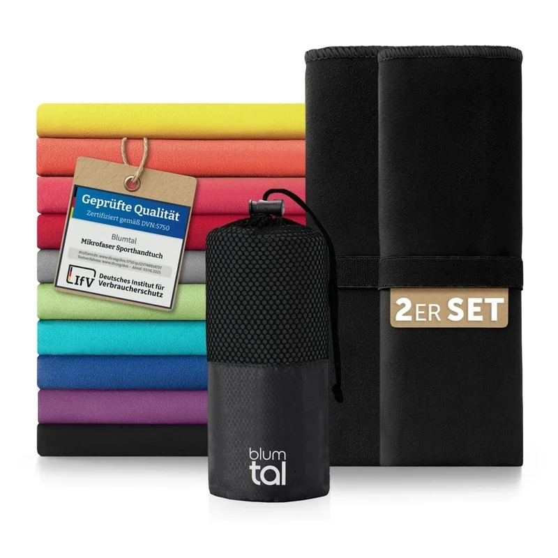 Blumtal Mikrofaser Handtuch 2X 80 x 40 cm extra saugstark - Handtücker Microfaser schnelltrocknend - optimales Fitness Handtuch/Strandtuch Mikrofaser/Gym Towel - Reisehandtuch kompakt - Schwarz