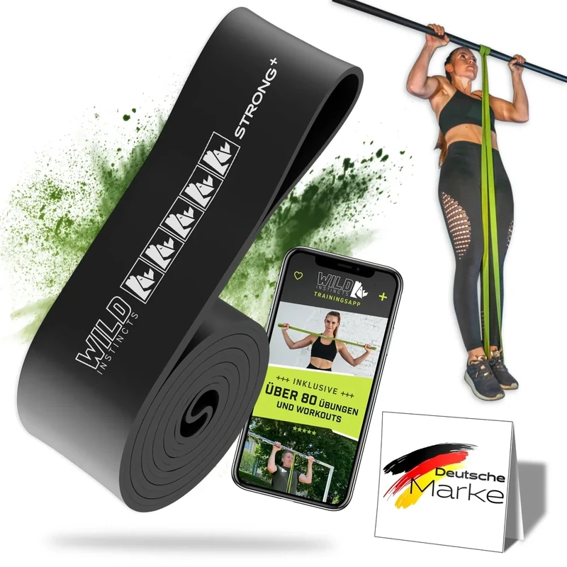 Wild Instincts Pull Up Band Strong+ 6,3cm / Band für Klimmzüge, Fitnessbänder Set/Resistance Bands Set/Gummiband Sport/Widerstandsbänder für Crossfit & Stretching +Tasche +Trainings WebApp