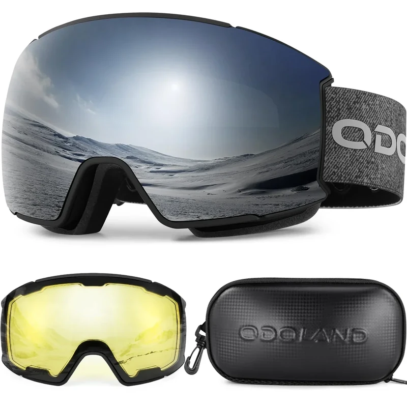 Odoland Skibrille Snowboardbrille für Damen und Herren mit 2 Magnetische Wechselglas und Hülle Anti-Fog UV-Schutz Helmkompatible für Jungen und Frauen, Männer zum Snowboard Skifahren