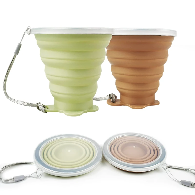 ddLUCK Faltbare Silikon-Becher, 2 Stück, BPA-frei, faltbare Reisebecher, faltbare Silikon-Becher mit Kunststoff-Deckel, wiederverwendbar, tragbares Tassen-Set für Picknick, Camping, Wandern, Reisen