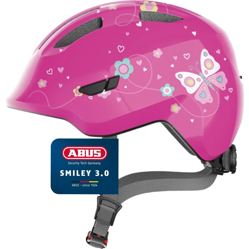 ABUS Kinderhelm Smiley 3.0 - Fahrradhelm mit tiefer Passform, kindergerechten Designs & Platz für einen Zopf - für Mädchen und Jungs - Pink mit Schmetterlings-Muster, Größe M