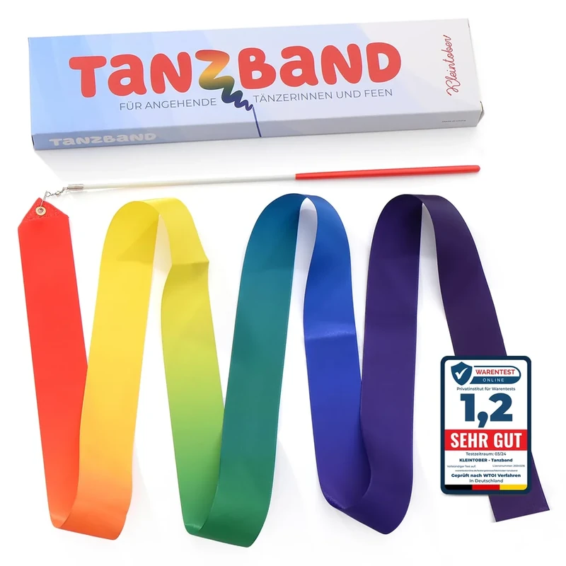 Kleintober Premium Gymnastikband mit Stab I Kinder Regenbogen Band I Gymnastik Band I Tanzband I mit Bilderanleitung für Übungen I optimales Geschenk für Mädchen I Mitgebsel I Kindergeburtstag