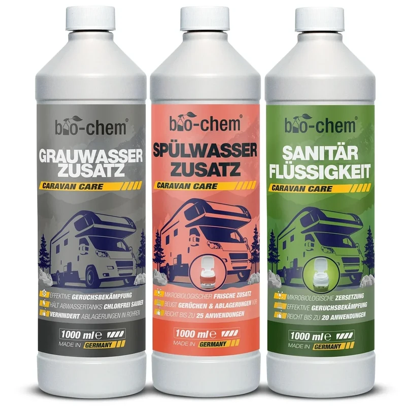 bio-chem Campingtank-Set 3-teilig: Bio Sanitärflüssigkeit + Grauwassertank-Zusatz + Spülwasser-Zusatz je 1 L | Starke Tank-Reiniger zur effektiven Geruchsbekämpfung