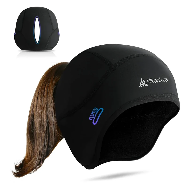 HIKENTURE Fahrrad Mütze Damen Winter [Mit Zopf-Loch] - Fahrradmütze unter Helm - Unterhelm- Fahrradhelm - -Unterzieh- Skihelm - E Bike Laufen Zubehör -F2