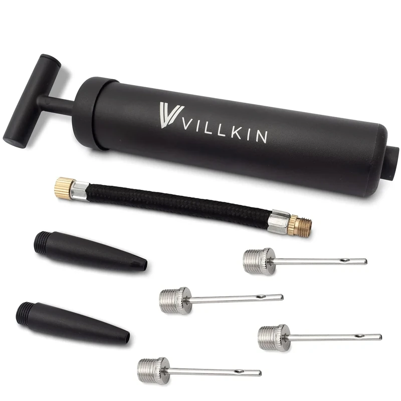 Villkin Ballpumpe mit Nadelfach – Inkl 4X Metallnadeln, 2X Kunststoffnadeln, 1x Flexibler Schlauch – Fußball, Basketball, Handball schnell aufpumpen