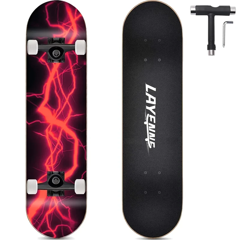 LAYENNE Skateboard, 31 * 8 Zoll Komplettes Skateboard, 7 Schichten Ahorn Skateboard Deck, ABEC-11 Halterung, Geeignet für Erwachsene, Anfänger, Jungen, Mädchen, Jugendliche und Kinder-red