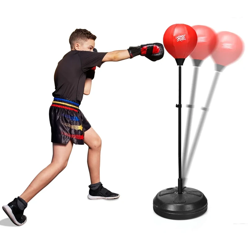 GYMAX Punchingball, Boxbirne Stehend 120-154 cm höhenverstellbar, Boxball stehend mit Boxhandschuhen & Pumpe, Punching Ball Stand für Kinder & Erwachsene