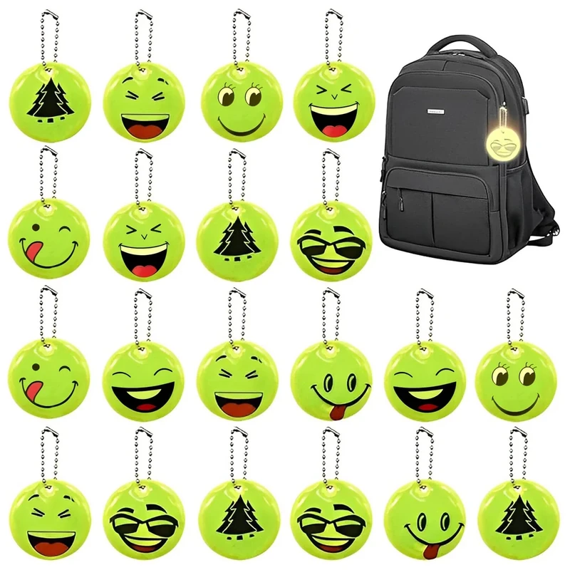 CHENKEE Reflektor Anhänger - 20 Stück Sicherheits Reflektoren für Schultasche, Radfahren, Gehen & Laufen (Smiley)