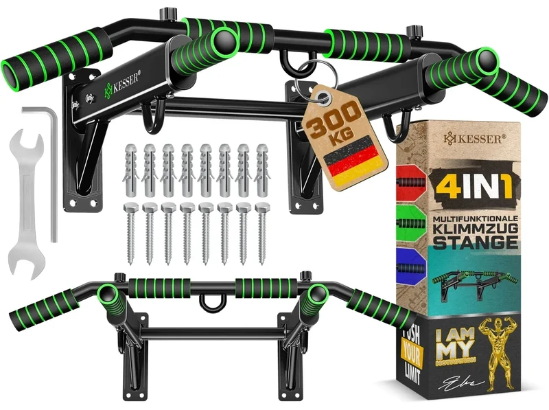 KESSER® Klimmzugstange Wandmontage 4in1 bis 300kg, Pull Up Bar Wand + rutschfesten Griffen & Multi-Grip, Klimmzugstange für zu Hause, Halterung für Boxsack, Ringe & Seile, Fitness Trainingsstation