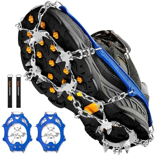 Grödel steigeisen für Bergschuhe mit 19 Zähne Verdickte Schuhkrallen aus Edelstahl Anti-Rutsch Schuhspikes für Mann Frau Erwachsene Fit für Wandern Trail Running Trekking Winter Outdoor(Blau, groß)