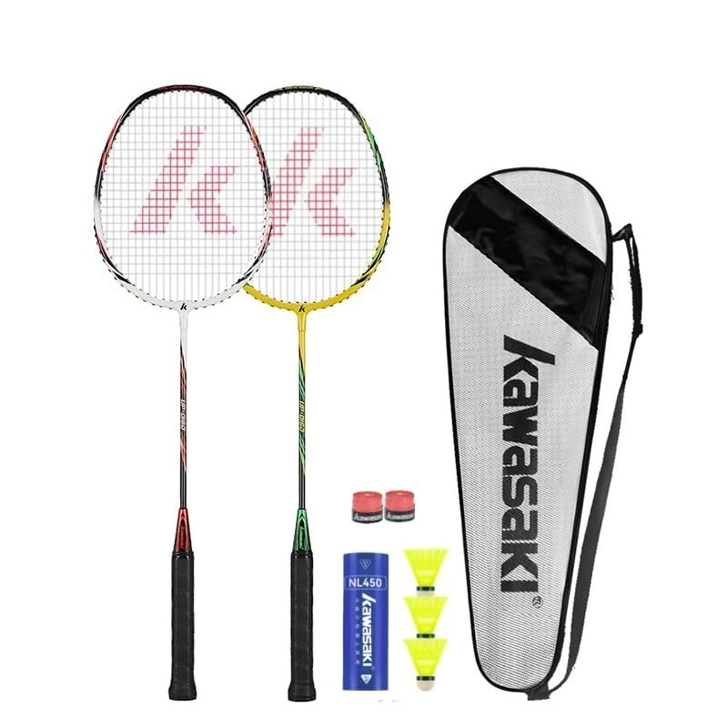 Kawasaki Badminton Schläger Set 2, Profi Badmintonschläger Set mit 3 Bällen, 1 Schlägertasche, 2 Federballschläger für Training, Sport und Unterhaltung