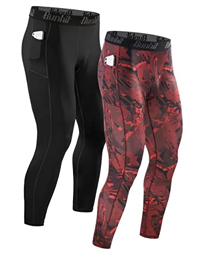 Runhit 2er Pack Kompressionshose Herren mit Taschen, Lange Tights Leggings Sporthose Laufhosen Atmungsaktiv Funktionsunterhose Trainingshose Grundschicht