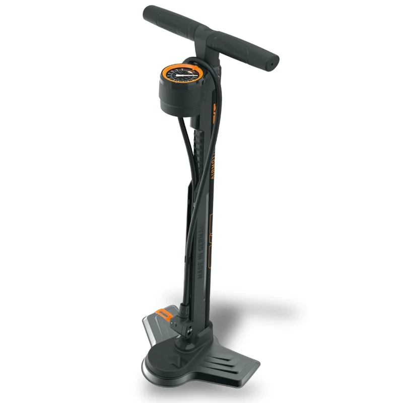 SKS GERMANY AIRMOTION 12.0 Standpumpe (Luftpumpe für alle Ventilarten, Manometer oben, Stahlrohr, Metallfuß, Soft-Touch-Griff, max. Druck: 12 bar / 174 PSI), Schwarz - Image 1