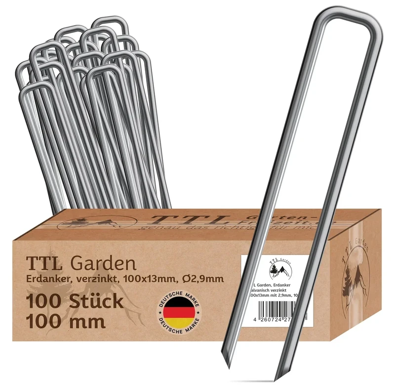 TTL GARDEN 100x Erdanker 100 x 13 x 2,9 mm - verzinkte & gehärtete Carbon Stahl Bodenanker Heringe für Unkrautvlies, Gartenvlies, Zaun, Vogelschutznetz, Camping - Anti-Rost robust rostfrei