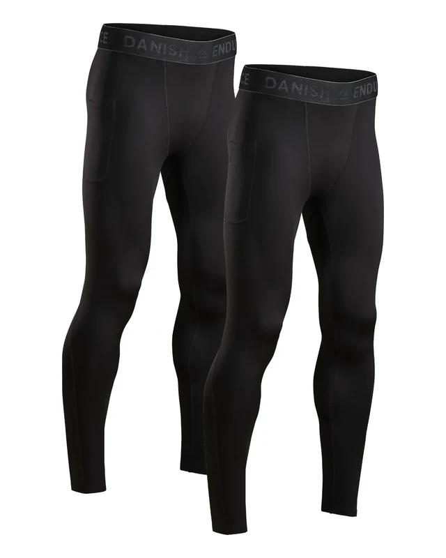 DANISH ENDURANCE 2er Pack Laufhose Herren Lang, Kompressionshose, Sportleggings mit Taschen, Schwarz, L