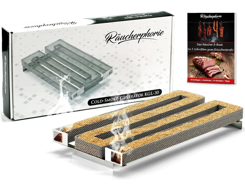 Räucherphorie® Kalträuchergitter XL - Robuster Kaltraucherzeuger aus Edelstahl + E-Book für extra langes Räuchern im Räucherofen, Grill, Smoker - Premium Räucherzubehör Extra Large (KGL30)