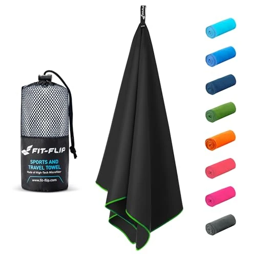 Fit-Flip Microfaser Handtücher - kompakt und leicht - Mikrofaser Handtuch schnelltrocknend - als Reisehandtuch, Sporthandtuch, Strandtuch - Badetuch groß (1x 80x40cm, Schwarz-Grün)