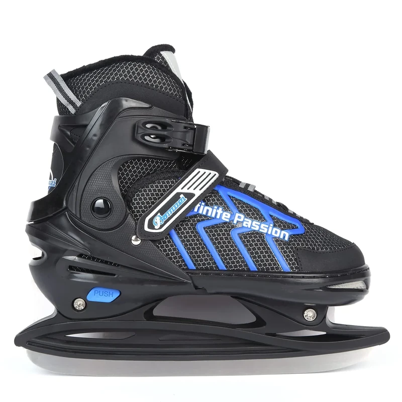 Verstellbar Eishockey Schlittschuhe für Herren Damen Erwachsene Kinder, Edelstahl Ice Skates, Eislaufschuhe mit Schnellschnürsystem & Push-Lock-Schnalle für Sicheren Halt (Schwarz blau, M35_38)