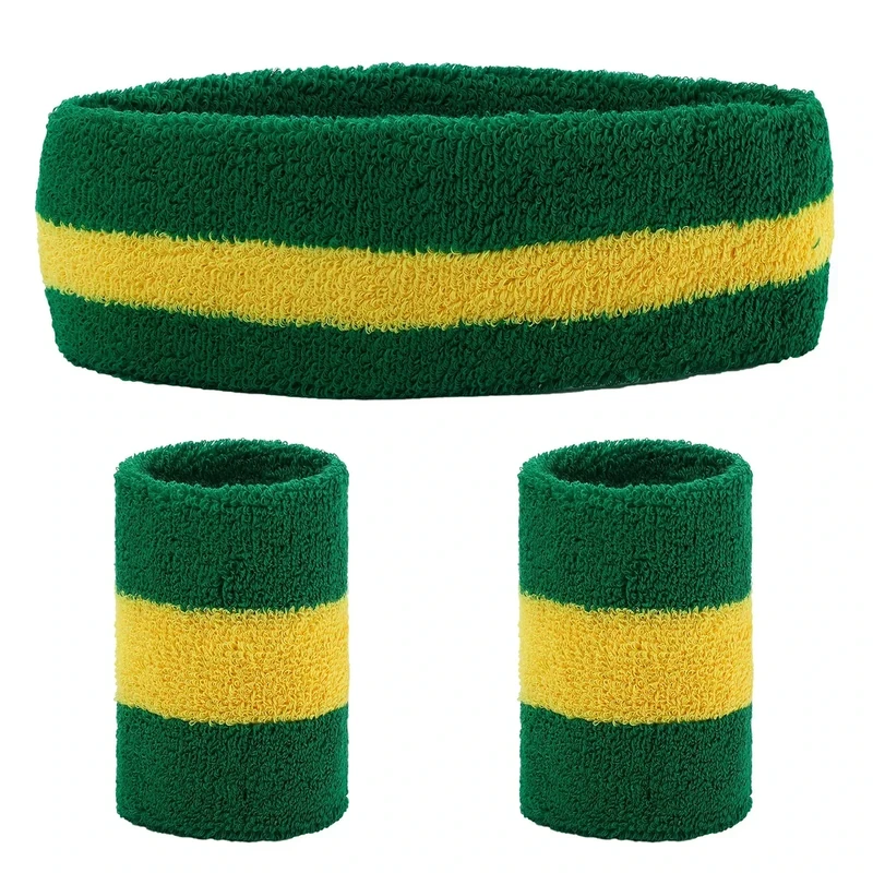 Yolev 3 Stück Schweißband Set Enthält 1 Sport Stirnband und 2 Sport Handschlaufen Grün Gelb Gestreifte Schweißbänder für Männer und Frauen
