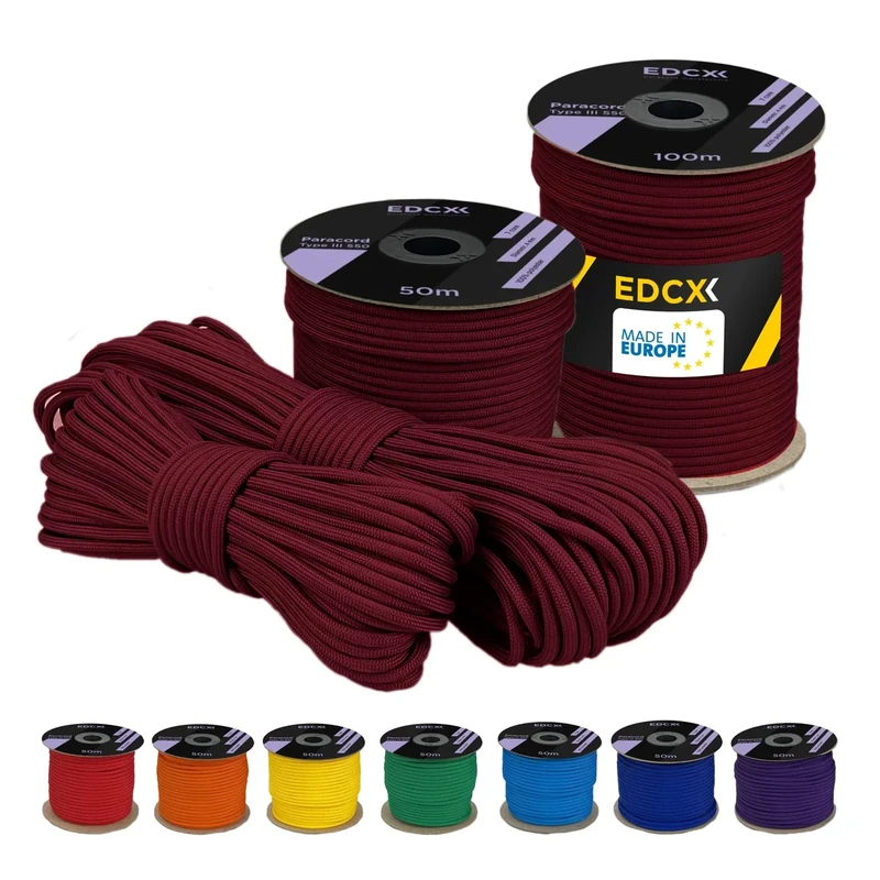 EDCX 4 mm Polyester Paracord 550 25+ Farben (15, 30 und 50 m) – Typ III, 100% Nylonseil, 7 Litzen Seil, 4mm Nylonseil in vielen Farben | Solid Colors (Wine, 15 m)