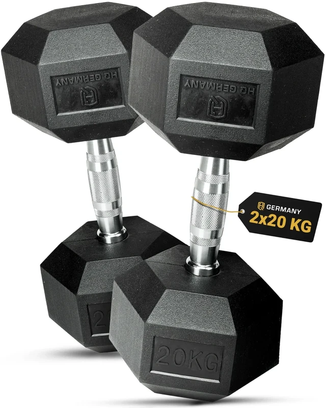 HQ Germany® Hexagon Hanteln 20kg 2 Stück | Geruchsarm, ±1,5% Gewichtstoleranz | 20kg Hantel, 20 kg hanteln 2er Set, Kurzhantel, Dumbbell, 20 Kilo Hantel Set, Hantelset Hexagon