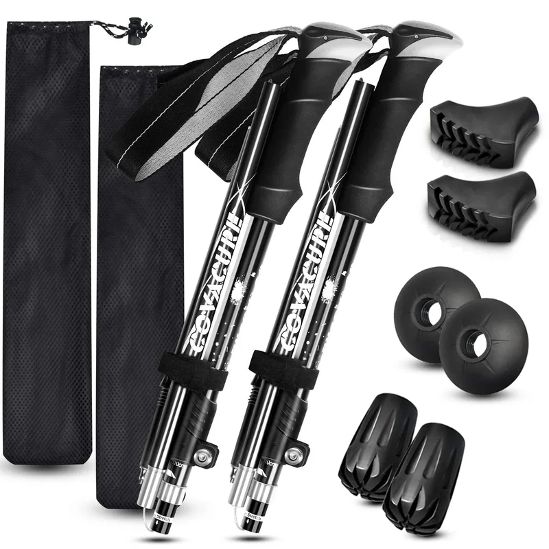 COVACURE Wanderstöcke Nordic Walking Stöcke - 100-120 cm Faltbar, Verstellbar, Teleskop, Leicht, mit Gummipuffer für Damen und Herren (Schwarz) - Image 1