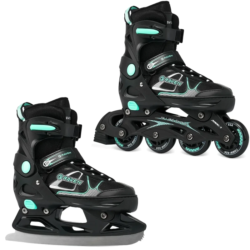 RAVEN Inline Skates Inliner für Kinder und Erwachsene OPTIONAL 2in1 mit Schlittschuhen verstellbar (Spirit Black/Mint mit Kufen, 40-43 (25,5-28cm)