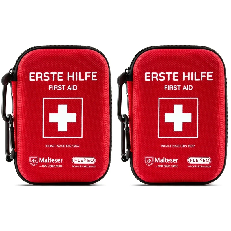 FLEXEO Erste Hilfe Set “Traveller” | 50-teilig | Inkl. Brandgel, Augenspülung, Fingerschiene | im Hardcase mit Karabinern | Ideal für Outdoor, Reisen, Fahrrad & Sport | 2 Stück