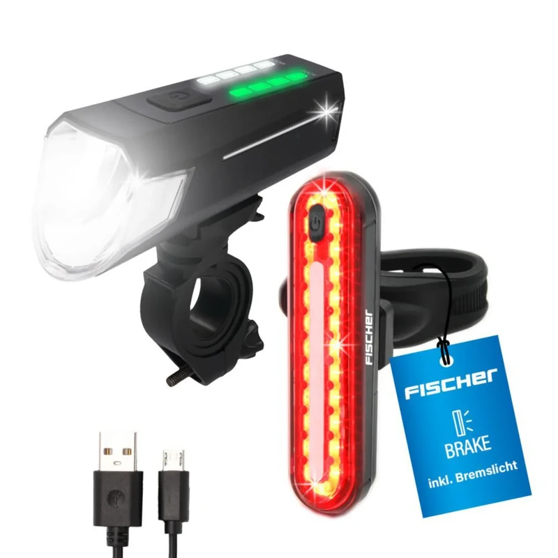 Fischer Fahrrad Beleuchtungs-Set 80/40/20 Lux, Akku-Leuchtenset Stop, Front- und Rückleuchte, mit Akku und USB-Ladefunktion, 3 Leuchtfunktionen, Spritzwasserschutz nach IP44, StVZO-zugelassen