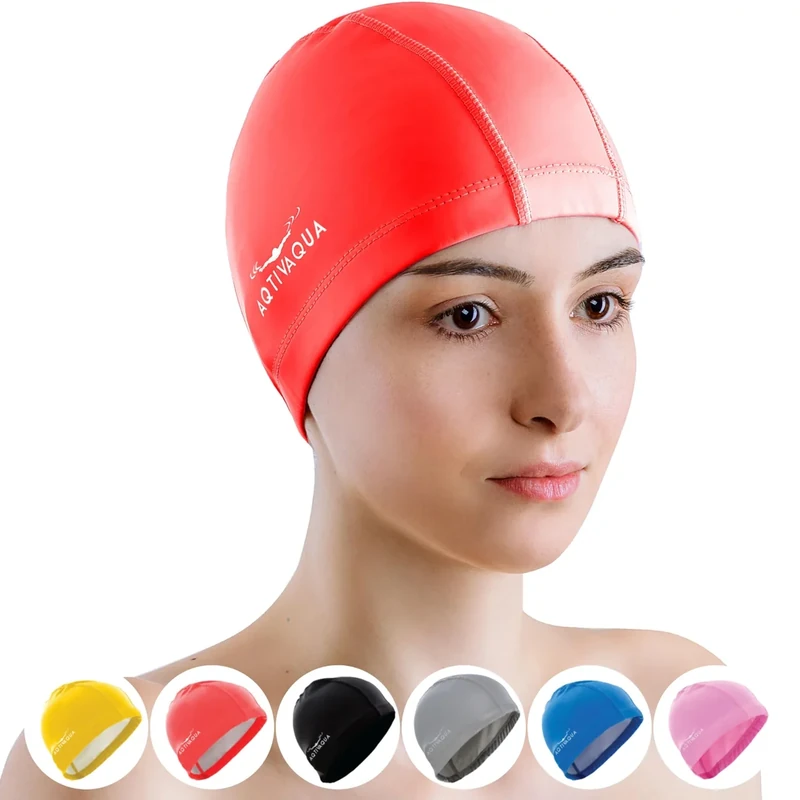 AqtivAqua Badekappe Damen Herren Mädchen Jungen Kinder Spandex Stoff Schwimmkappe Badekappen Schwimmhaube (Farbe Rote, Erwachsenengröße)