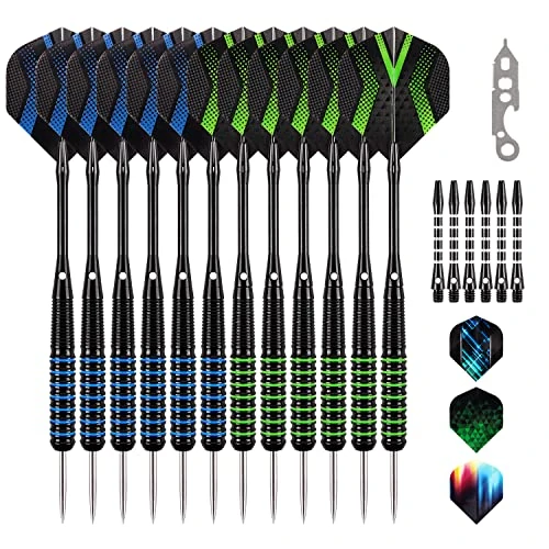 Grebarley Dartpfeile mit Metallspitze,6 Stück 20 Gramm und 6 Stück 22 Gramm,Profi Steeldarts 18 Aluminium Schaft mit 9 Flights