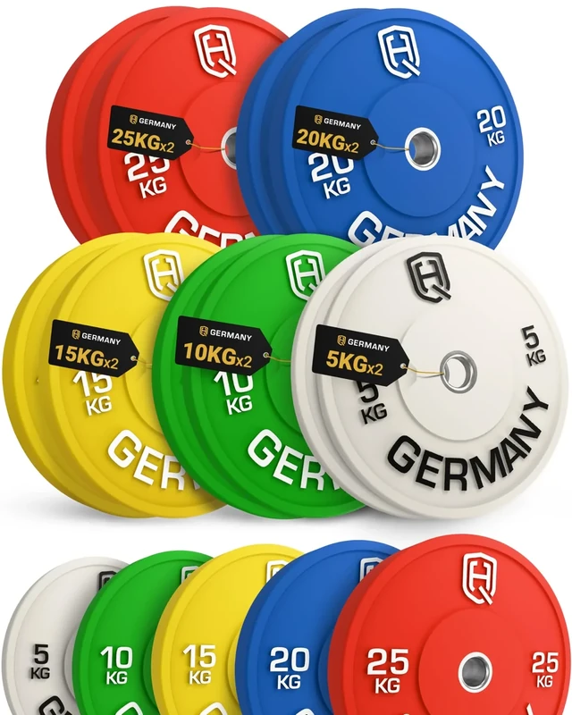 HQ Germany® Hantelscheiben 50mm [Set/Paar 5-25kg] - Premium Vollgummi Bumper Plates 150kg - Hantelscheiben Set 50mm, Gewichtsscheiben, Gewichte, Weight Plates nach IWF Standard