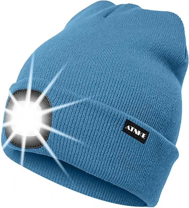 ATNKE LED Beleuchtete Mütze,Wiederaufladbare USB Laufmütze mit Licht Extrem Heller 4 LED Lampe Winter Warme Stirnlampe für Herren und Damen Geschenke/Magnolia Blue