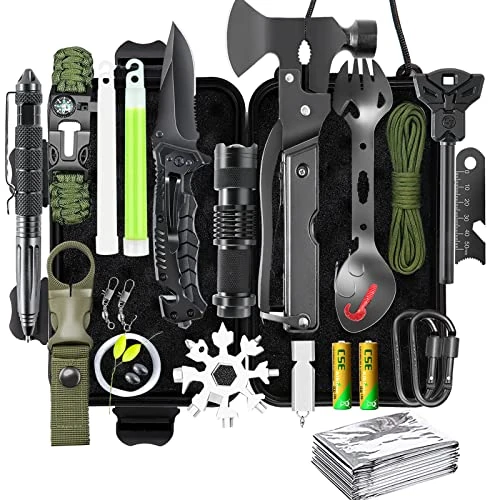Survival Kit 21 in 1, Notfall Ausrüstung, Survival Set, Professionelle Überlebensausrüstung Multifunktional Outdoor Kit für Reiseabenteuer, Wandern, Camping, Outdoor-Abenteuer