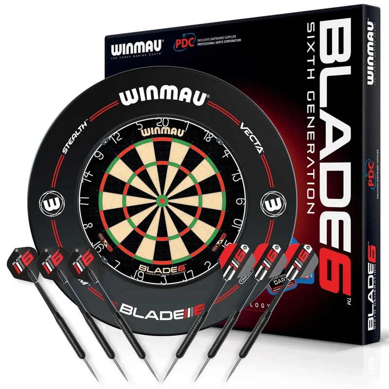 WINMAU Blade 6 Professionelle Bristle Klassische Dartscheibe with Surround und Darts Set (2 Sätze Darts)