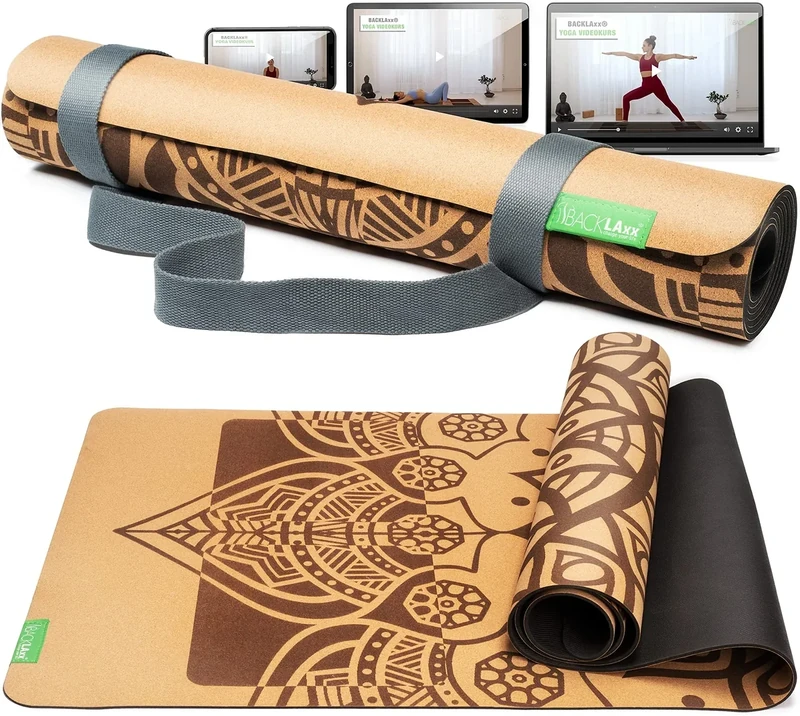 BACKLAXX ® Yogamatte Kork mit Naturkautschuk - FAZ Testsieger 11/2025 - Yoga Matte nachhaltig, schadstofffrei, Yogamatte rutschfest, Fitnessmatte mit Anti-Rutsch-Zonen inkl. Tragegurt, Turnmatte