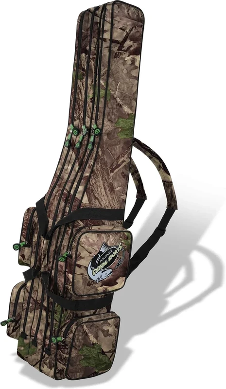 normani Rutentasche Rod Case Angelkoffer Futteral mit 2, 3 oder 4 Ruten-Fächern, Verschiedene Längen wählbar - stark wasserabweisender Fishing Rucksack Farbe Hunting Camo 3 Innenfächer Größe 150 cm