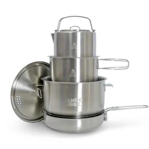 Campo Libre.® Enzo I Camping Kochgeschirr aus Edelstahl I kompaktes Campinggeschirr I Outdoor Kochgeschirr induktionsgeeignet I Camping Topf, Pfanne I perfekt für den Campingkocher I 6 oder 8-teilig