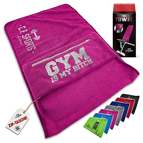 C.P. Sports Fitness Handtuch Towel Mikrofaser | Fixierung + Tasche mit Reißverschluss | Fitnessstudio Gym Training Sport | extra weich, waschbar, lang & groß | für Frauen & Männer | Farbe Pink
