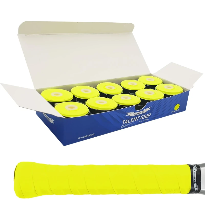 G-Lueck 10er Set Tennis Griffband 0,60mm Stärke | Overgrip für Squash Badminton Schläger & Kicker inkl. selbstklebendes Abschlußband | sehr griffig, Anti-Rutsch (Neon-Gelb)