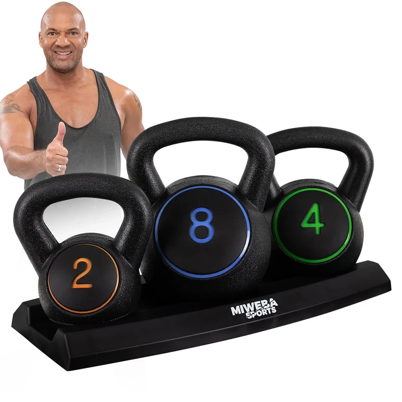 Miweba Sports Kettlebell | Hanteln Set - Gewichte 2 | 4 | 8 kg - Kettlebell Set - Hantel Set - Kettlebells - Fitness Zubehör inkl. Ablage - Krafttraining - Kugelhantel - Kugelgewicht - Schwunghanteln