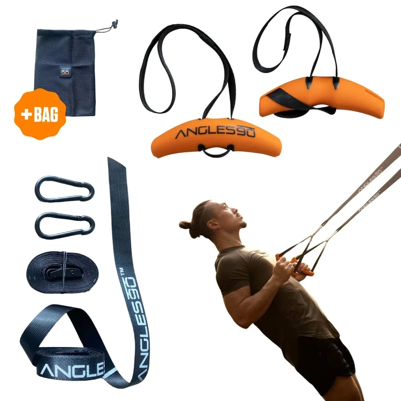Angles90 Schlingentrainer - Sling Trainer für Eigengewicht Krafttraining - Orange - All-in-One Trainingsgerät für Zuhause - Fitness Griffe & Zughilfen Krafttraining - Für Klimmzugstange & Latzuggriff
