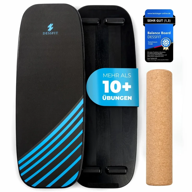 Dessfit Balance Board Holz Rutschfest mit Kork Rolle | Balance Board Erwachsene & Kinder | Gleichgewichtstrainer | Pilates board | Wackelbrett Physiotherapie Zubehör | Balance Training Equipment
