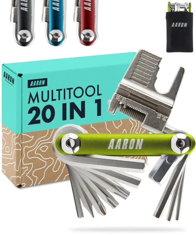 AARON Tool 20 in 1 Multitool - Fahrrad Multifunktionswerkzeug aus rostfreiem Stahl/Aluminium - faltbares Mini Fahrradwerkzeug mit vielen Funktionen - praktisches Bike Tool in Grün