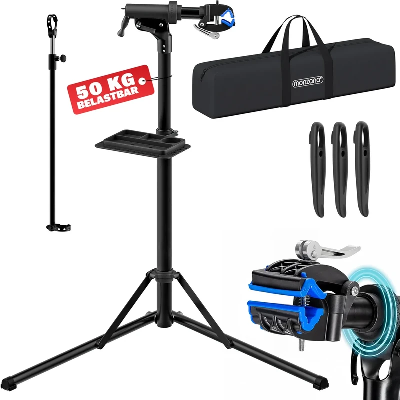 MONZANA® Fahrradmontageständer Profi 50 kg für E-Bike Tragetasche Reifenheber Werkzeugablage Stahl klappbar höhenverstellbar Reparaturständer Fahrrad