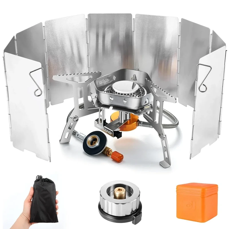 Odoland Campingkocher 3500W Gaskocher mit Piezozündung Adapter und Faltbar Aluminium Windschutz Gas Campingkocher für Schraubkartusche Gasbrenner Faltbar Camping Kocher für Wandern Picknick Outdoor - Image 1