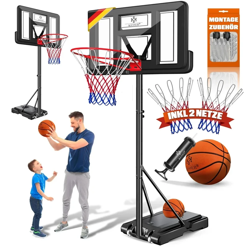 KESSER® Basketballkorb Outdoor mit Ständer & Rollen Inkl. 2x Netze, Basketball & Pumpe | Basketballanlage Höhenverstellbare Korbhöhe 230 bis 305 cm Basketballständer Korbanlage für Erwachsene & Kinder